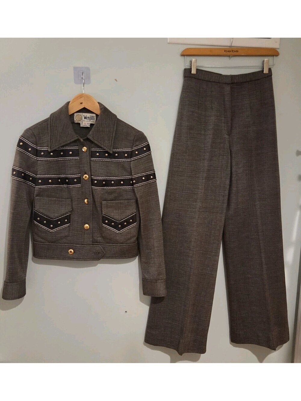 Wenjilli Size 9/10 Brown Striped 70s Western Suit Jacket Pants Gold Buttons